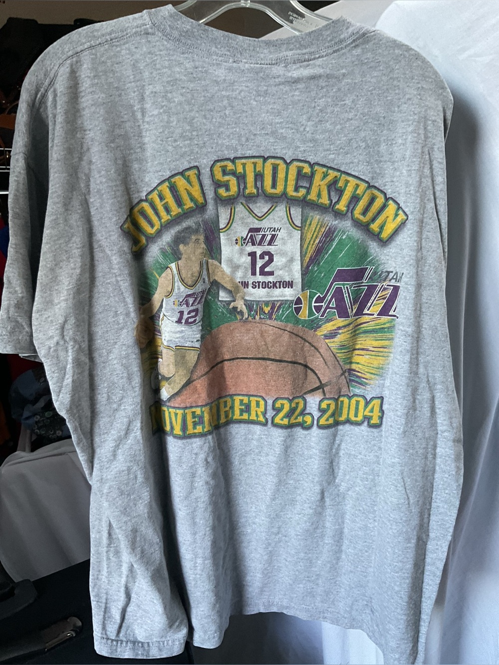NBA John Stockton Gray Long Sleeve T-Shirt with Yellow and Purple Graphics